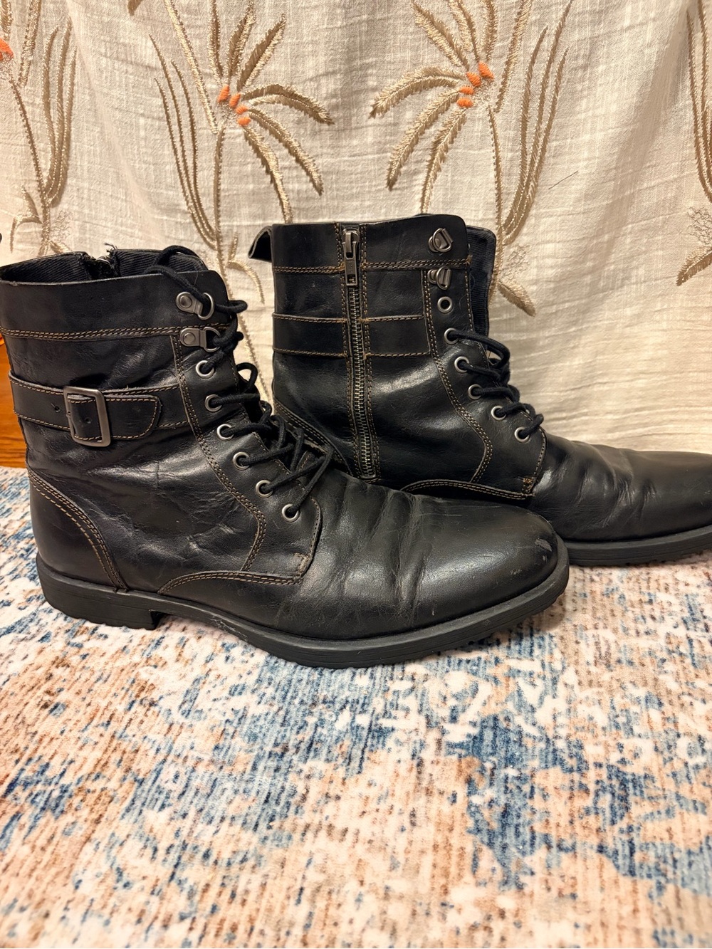 Men's Black Lace-Up Leather Ankle Boots with Side Zipper